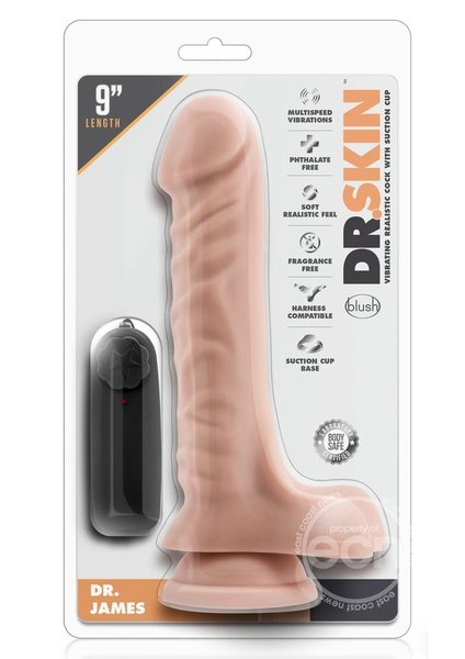 BLUSH NOVELTIES Dr. Skin Dr. James Vibrating Dildo with Balls and Remote Control 9in - Vanilla