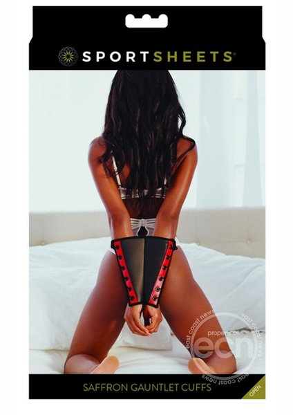 SPORTSHEETS SAFFRON GAUNTLET CUFFS ADJUSTABLE BLACK & RED