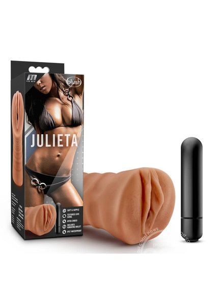 XR Brands M for Men Julieta Vibrating Masturbator with Bullet - Pussy - Caramel