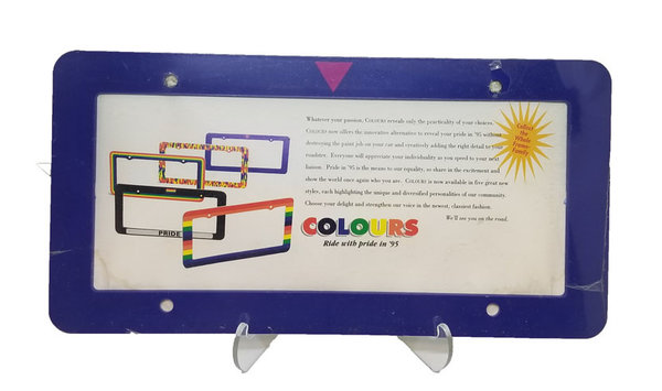 LICENSE PLATE FRAME, Blue with Pink Triangle