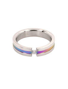 RAINBOW STAINLESS STEEL ANODIZED RING WITH TENSION PLACED GEM