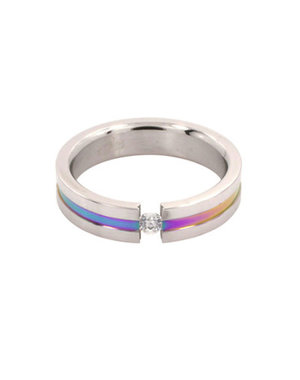 RAINBOW STAINLESS STEEL ANODIZED RING WITH TENSION PLACED GEM