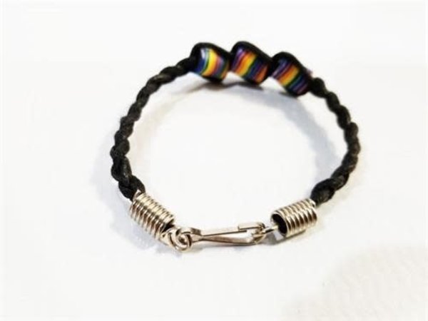 BRAIDED LEATHER & RAINBOW FIMO BEADS BRACELET