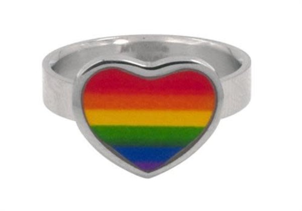 RAINBOW STAINLESS STEEL HEART W/ RAINBOW STRIPE RING