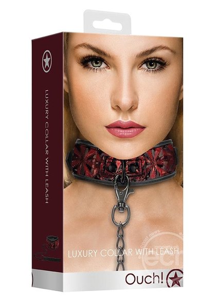 Shots OUCH! LUXURY COLLAR WITH LEASH BURGUNDY