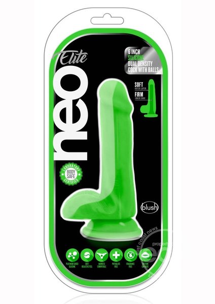 BLUSH NOVELTIES NEO ELITE DUAL DENSITY COCK W/BALLS 6" GREEN