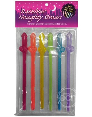 Kheper Games, Inc. Rainbow Naughty Straws Glow In The Dark Penis Shape Assorted Colors 6 Each Per Pack
