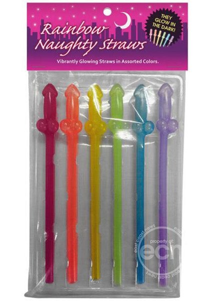 Kheper Games, Inc. Rainbow Naughty Straws Glow In The Dark Penis Shape Assorted Colors 6 Each Per Pack