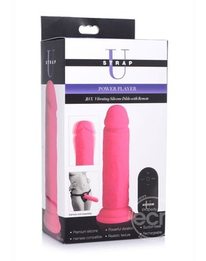XR Brands STRAP U POWER PLAYER 28X VIBRATING SILICONE RECHARGEABLE DILDO 6.5" WITH REMOTE PINK