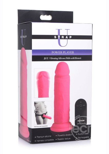 XR Brands STRAP U POWER PLAYER 28X VIBRATING SILICONE RECHARGEABLE DILDO 6.5" WITH REMOTE PINK