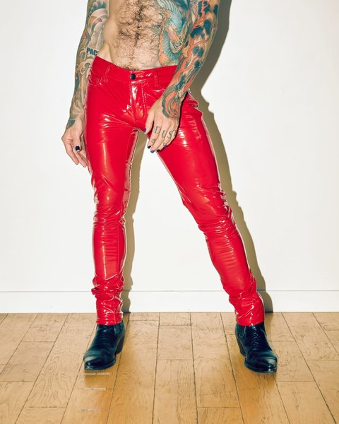 HORSE & HORN HORSE & HORN BONE FIT RED GLOSS 4 WAY STRETCH VINYL JEANS