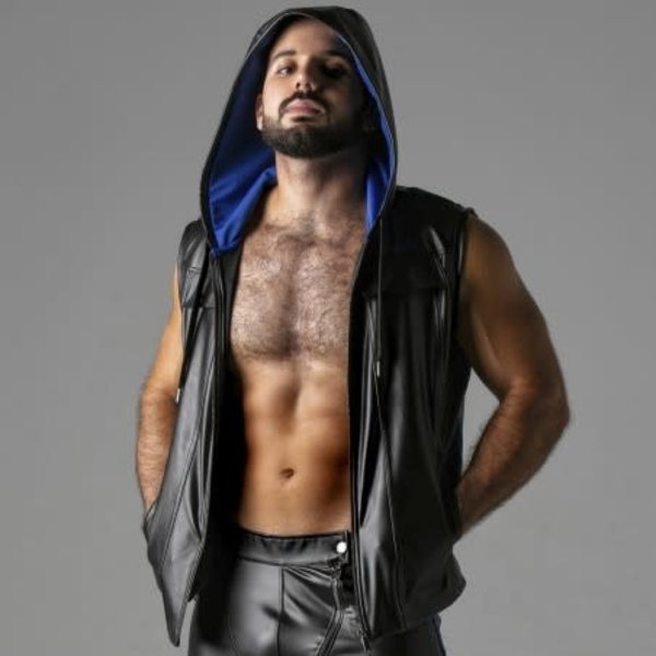 LOCKER GEAR LOCKER GEAR LOOK AT HARDER LEATHERETTE SLEEVELESS HOODY BLUE