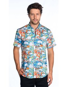 MIZUMI COUTURE MIZUMI SHORT SLEEVE SHIRT WHITE SKULL PRINT TEAL