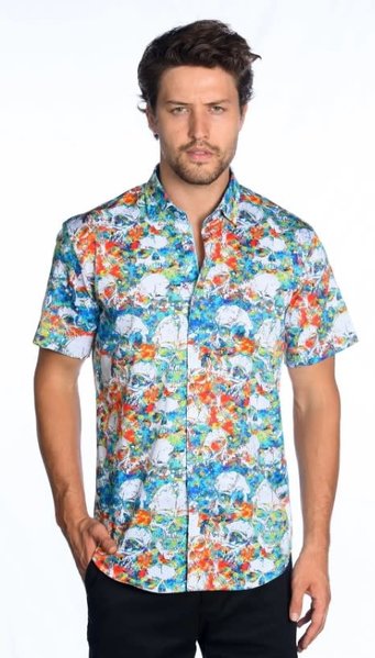 MIZUMI COUTURE MIZUMI SHORT SLEEVE SHIRT WHITE SKULL PRINT TEAL