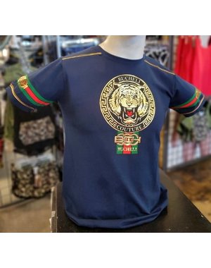 BUCHELI BUCHELI GOLD TIGER PRINT T-SHIRT NAVY BLUE