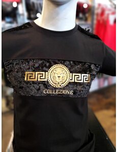 BUCHELI BUCHELI VELVET STRIPED GOLD LION PRINT T-SHIRT BLACK