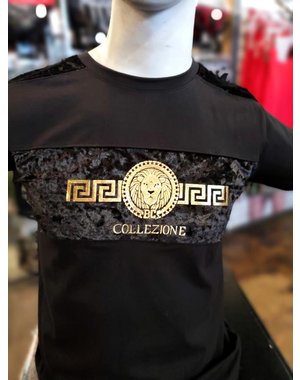 BUCHELI BUCHELI VELVET STRIPED GOLD LION PRINT T-SHIRT BLACK