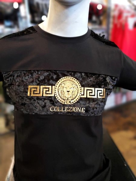 BUCHELI BUCHELI VELVET STRIPED GOLD LION PRINT T-SHIRT BLACK