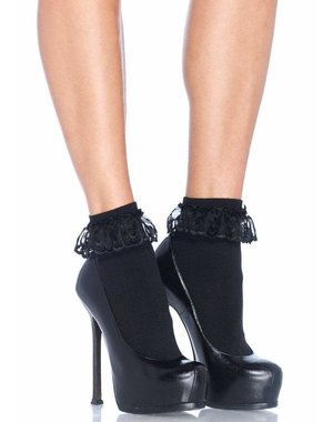 LEG AVENUE DEMI LACE RUFFLE ANKLET SOCK BLACK ONE SIZE