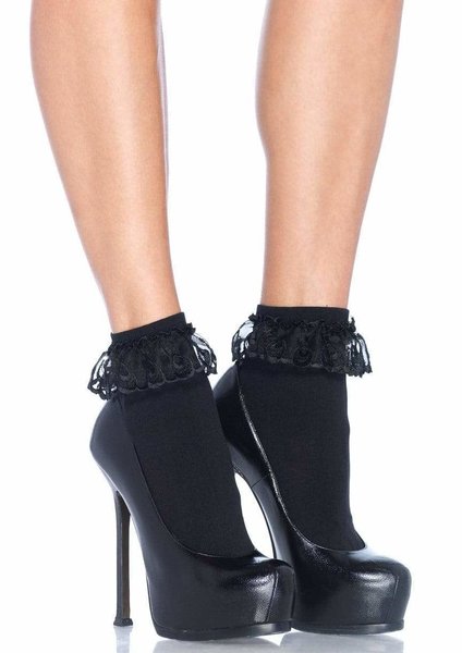 LEG AVENUE DEMI LACE RUFFLE ANKLET SOCK BLACK ONE SIZE