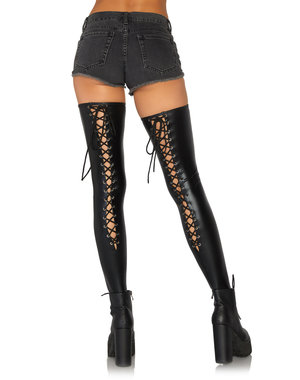 LEG AVENUE WET LOOK LACE UP THIGH HIGH BLACK SMALL/MEDIUM