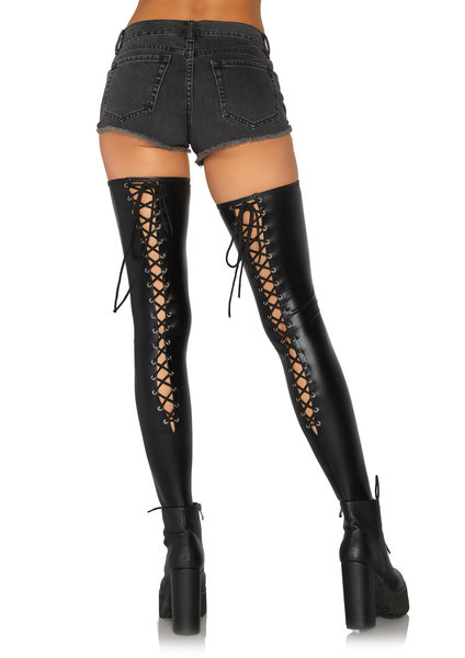 LEG AVENUE WET LOOK LACE UP THIGH HIGH BLACK SMALL/MEDIUM