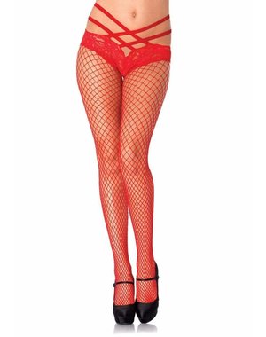 LEG AVENUE INDUSTRIAL NET PANTYHOSE WITH LACE PANTY RED ONE SIZE