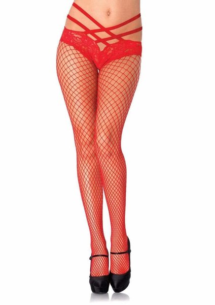 LEG AVENUE INDUSTRIAL NET PANTYHOSE WITH LACE PANTY RED ONE SIZE