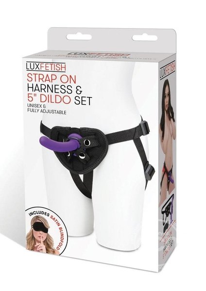 LUX FETISH LUX STRAP ON HARNESS & 5" DILDO SET BLACK/PURPLE