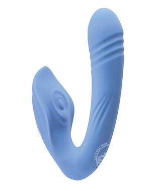EVOLVED NOVELTIES EVOLVED TAP & THRUST RECHARGEABLE SILICONE VIBRATOR WITH CLITORAL STIMULATION BLUE