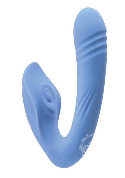 EVOLVED NOVELTIES EVOLVED TAP & THRUST RECHARGEABLE SILICONE VIBRATOR WITH CLITORAL STIMULATION BLUE
