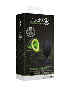 OUCH! OUCH! BUTT PLUG WITH COCK RING & BALL STRAP SILICONE GLOW IN THE DARK