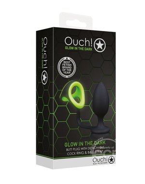 OUCH! OUCH! BUTT PLUG WITH COCK RING & BALL STRAP SILICONE GLOW IN THE DARK