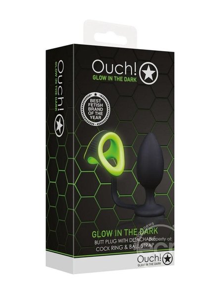 OUCH! OUCH! BUTT PLUG WITH COCK RING & BALL STRAP SILICONE GLOW IN THE DARK