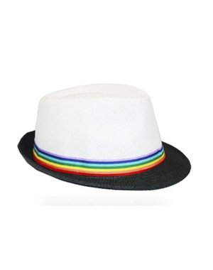 RAINBOW RAINBOW FABRIC STRIP WHITE STRAW WITH BLACK BRIM FEDORA