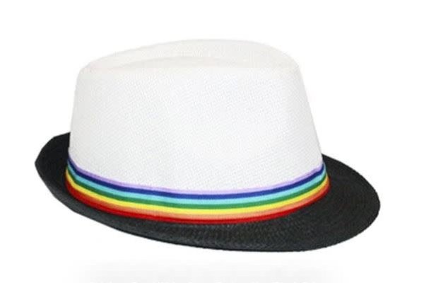 RAINBOW RAINBOW FABRIC STRIP WHITE STRAW WITH BLACK BRIM FEDORA