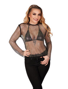 WESTERN FASHION FISHNET RHINESTONE LONG SLEEVE TOP