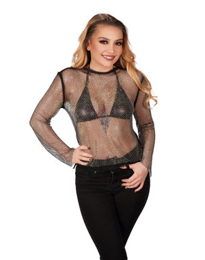 WESTERN FASHION FISHNET RHINESTONE LONG SLEEVE TOP