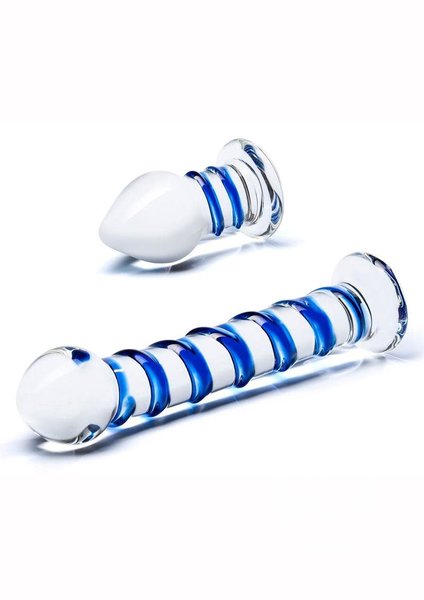 GLAS GLAS SWIRLY DILDO & PLUG SET CLEAR/BLUE