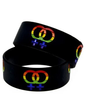  DOUBLE FEMALE SILICONE BRACELET BLACK WITH RAINBOW STRIPES