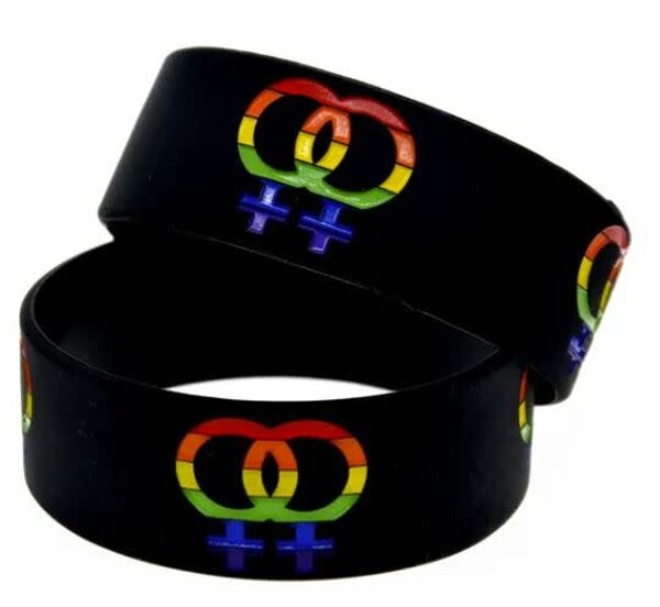 DOUBLE FEMALE SILICONE BRACELET BLACK WITH RAINBOW STRIPES