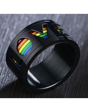  STAINLESS 'LOVE' CUT OUT WITH RAINBOW STRIPE RING