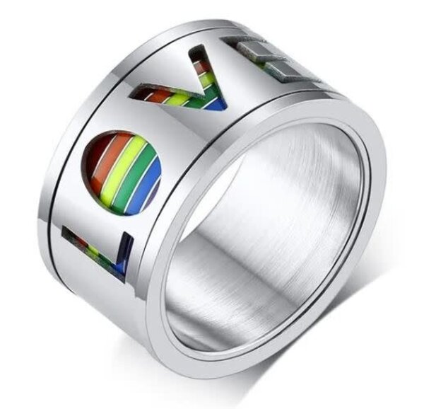STAINLESS 'LOVE' CUT OUT WITH RAINBOW STRIPE RING