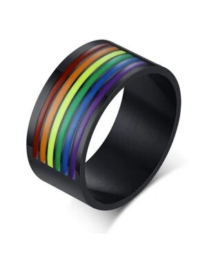 RAINBOW STAINLESS STEEL ENAMEL RING W/ TOP RAINBOW LINES BLACK