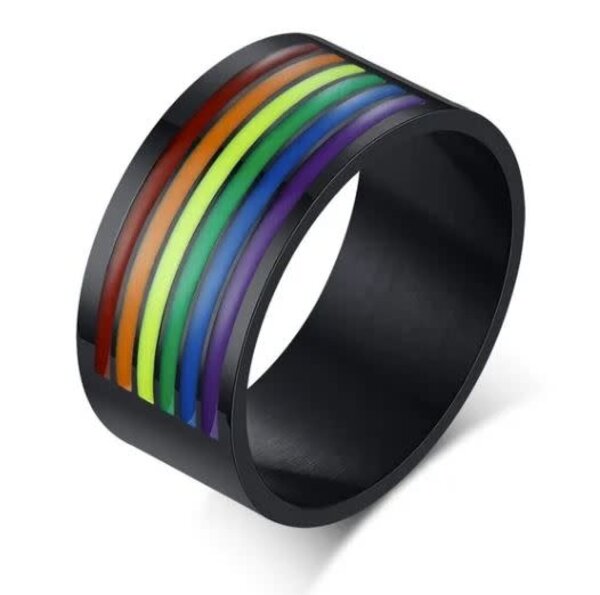 RAINBOW STAINLESS STEEL ENAMEL RING W/ TOP RAINBOW LINES BLACK