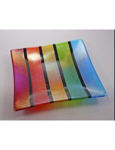 CHRIS PAULSON PAULSON GLASS 11.5" SQUARE TRAY RAINBOW & BLACK STRIPED