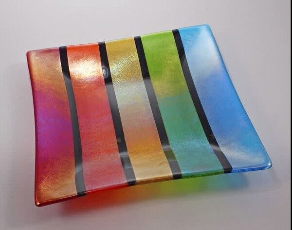 CHRIS PAULSON PAULSON GLASS 11.5" SQUARE TRAY RAINBOW & BLACK STRIPED