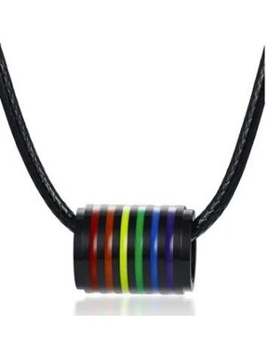  BLACK STAINLESS STEEL MATTE FINISH RAINBOW STRIPED TUBE  PENDANT NECKLACE