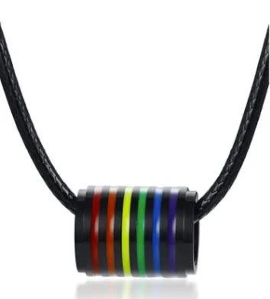 BLACK STAINLESS STEEL MATTE FINISH RAINBOW STRIPED TUBE  PENDANT NECKLACE