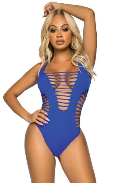 LEG AVENUE RECKLESS BEHAVIOR SHREDDED RACERBACK THONG BODY SUIT ROYAL BLUE ONE SIZE